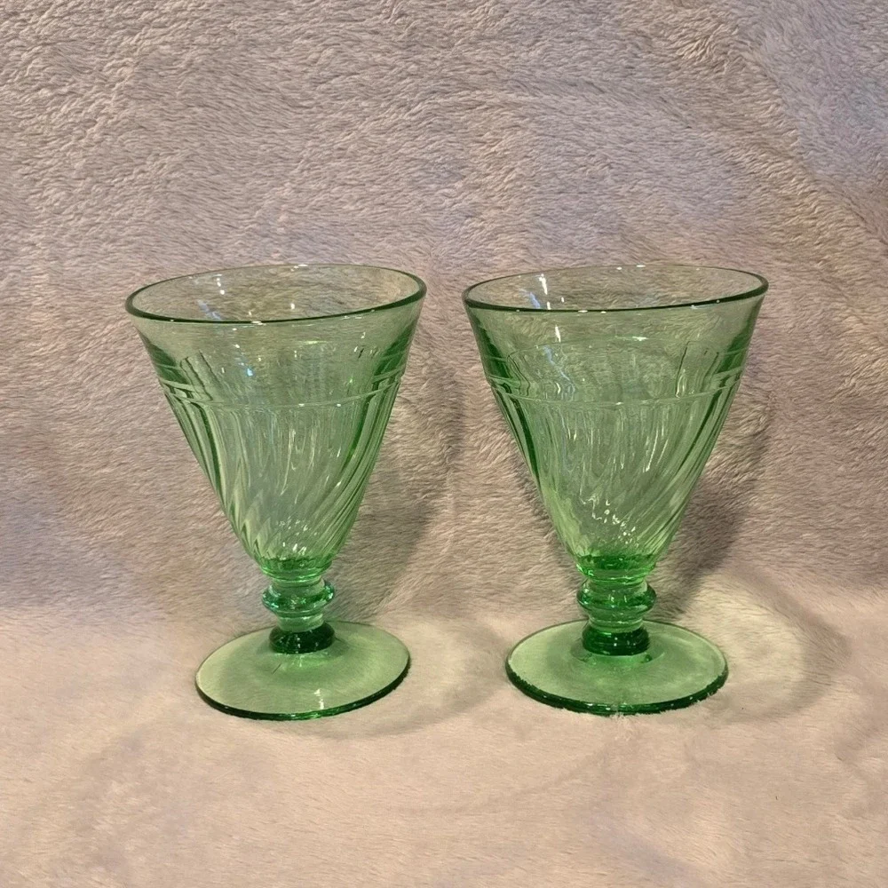 Vintage Duncan & Miller Spiral‎ Flutes Green 8 oz. Footed Water Tumbler Set of 2